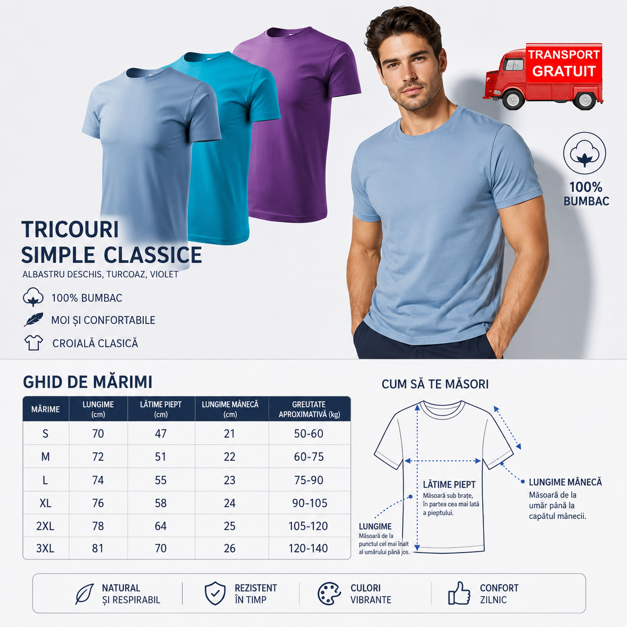 Set tricouri basic bărbați albastru deschis turcoaz violet confortabile pentru zi cu zi